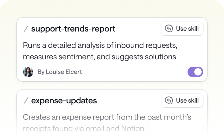 Skill cards showing reusable support trends and expense update workflows
